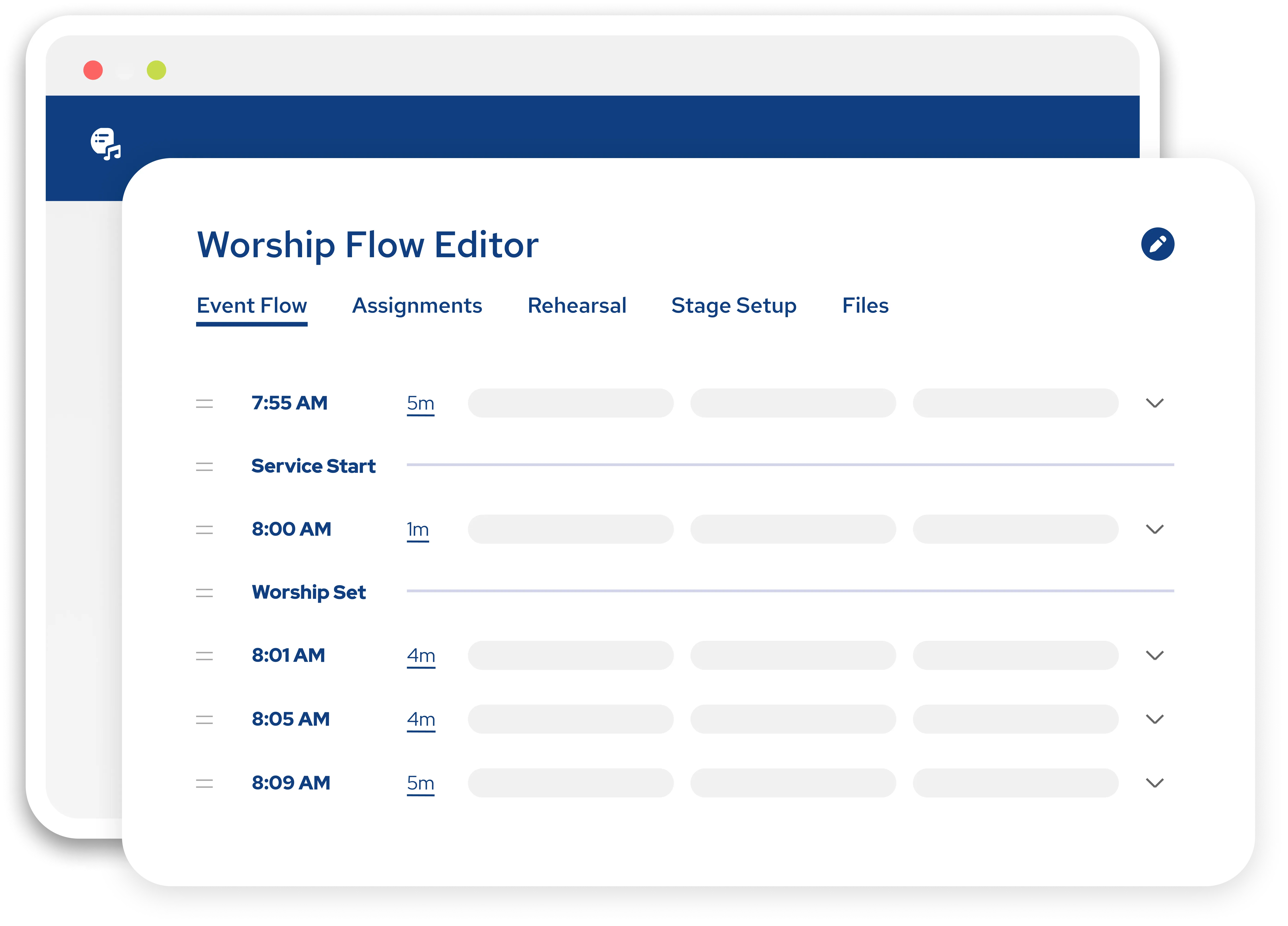 Dashboard showing Worship flow Editor